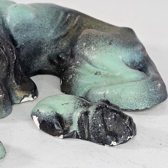 Chalkware Sleeping Hound Dog With Puppies Green Black - Picture 3 of 15